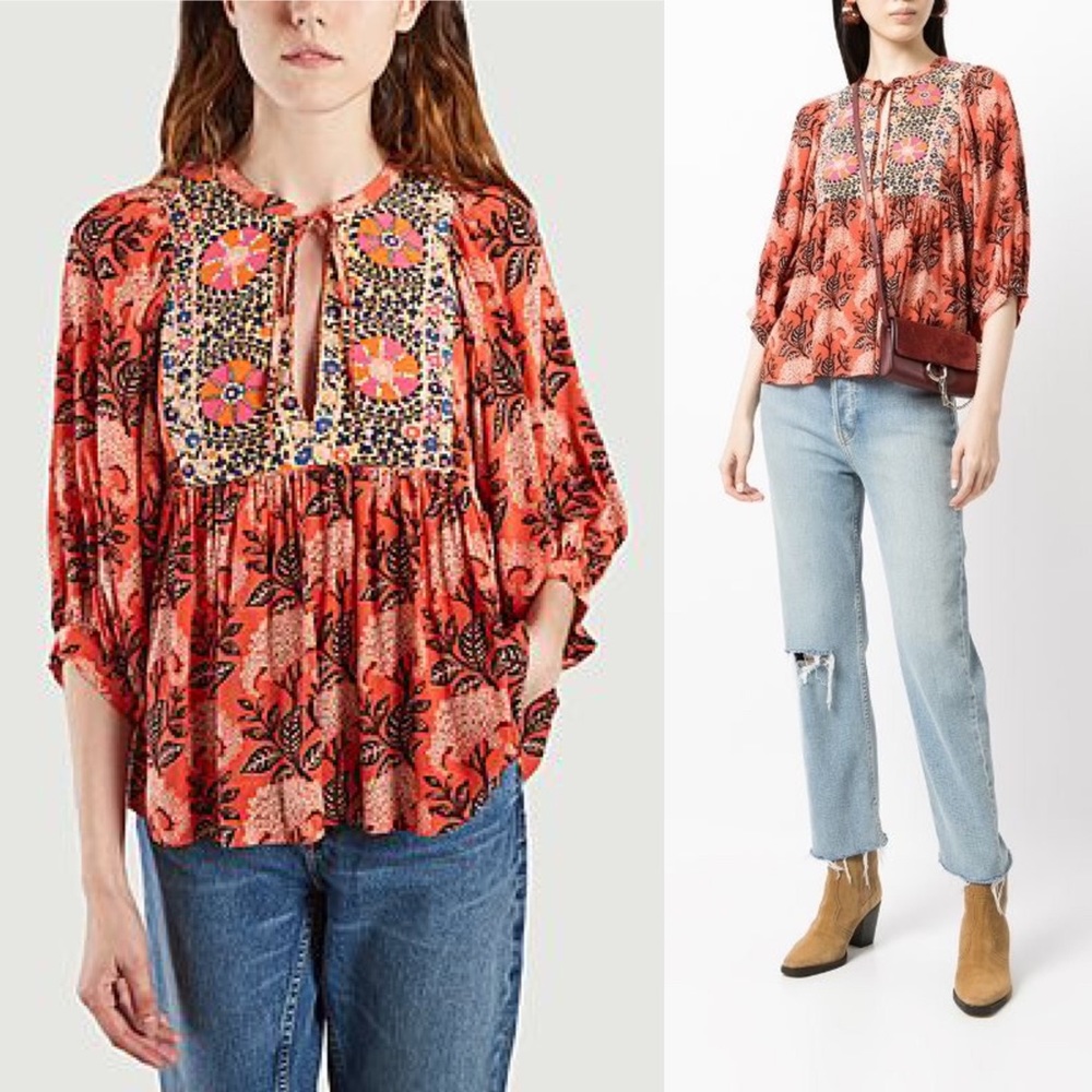Ba&sh Orange Printed Garry Blouse Small
